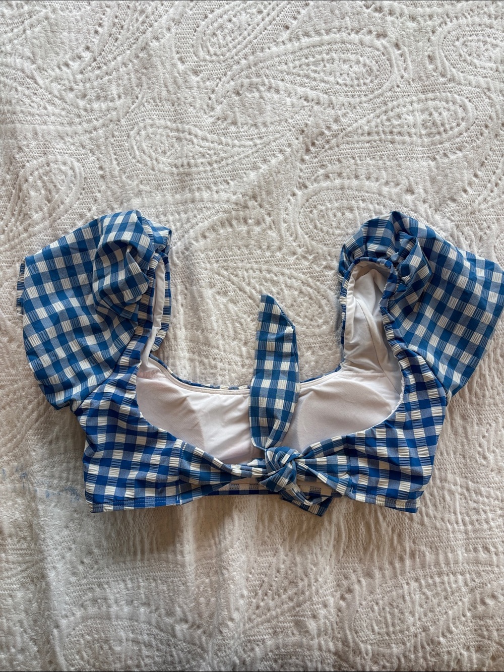 Gianni Bini Blue and White Gingham High Rise Puff Sleeve Bikini Swimsuit Size M - Picture 9 of 12